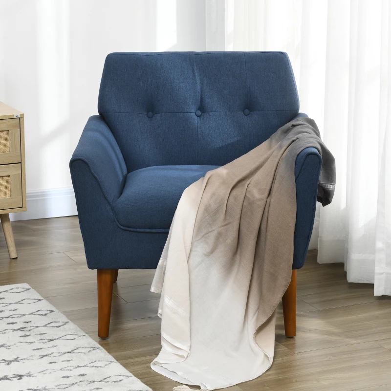 HOMCOM Traditional Accent Chair, Button Tufted Armchair with Wood Legs for Living Room, Bedroom, Blue