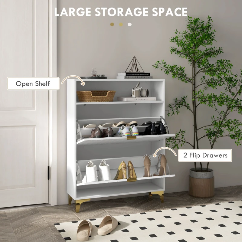 HOMCOM Modern Shoe Storage Cabinet with 2 Flip Drawers for 12 Pairs, Narrow Shoe Organizer for Entryway, Hallway, White