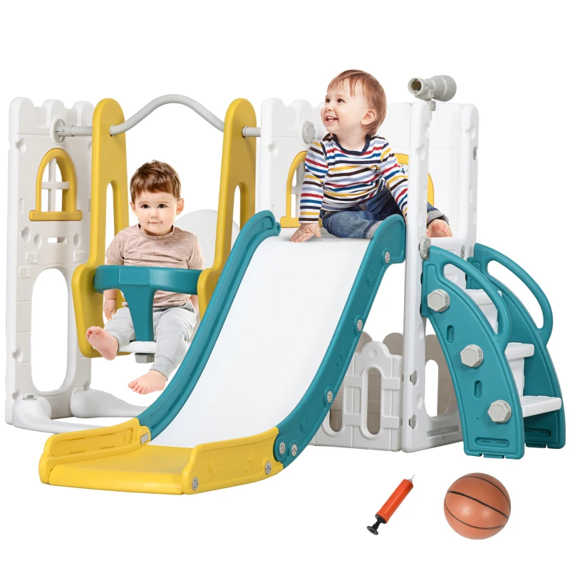 Qaba 6 in 1 Toddler Slide and Swing Set Indoor for Age 1-3 Years w/ Basketball Hoop, Climber, Storage Telescope, Yellow