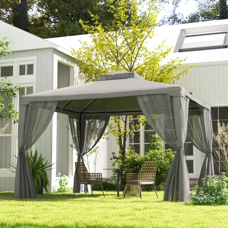 Outsunny 12' x 10' Patio Gazebo Outdoor Pavilion 2 Tire Roof Canopy Shelter Garden, Steel Frame w/ Mosquito Netting, Light Grey