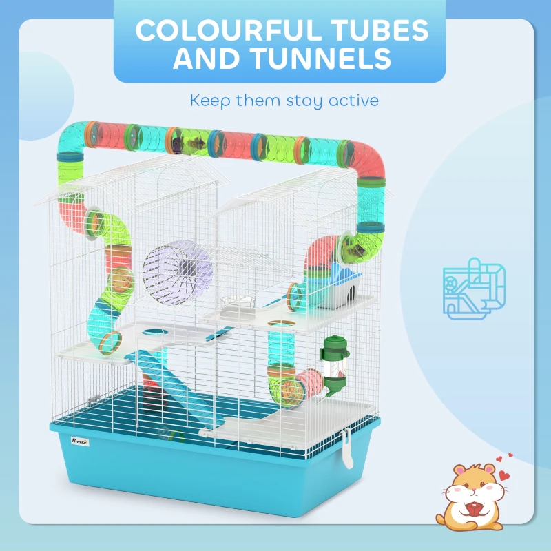 PawHut 4-Tier Hamster Cage with Tubes, Exercise Wheel, Hut, Water Bottle, Food Dish, Ramps, 22.8" x 14.2" x 25.6", Light Blue