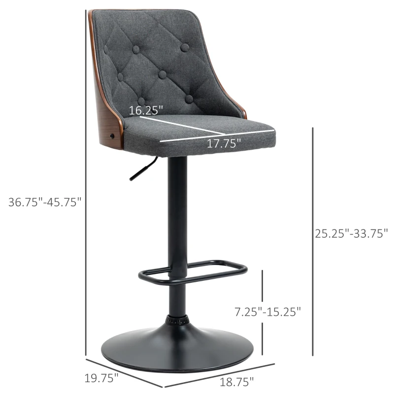 HOMCOM Counter Height Bar Stools Set of 2, Height Adjustable Swivel Barstools with Footrest and Tufted Back, Linen Fabric Bar Chairs, Dark Grey