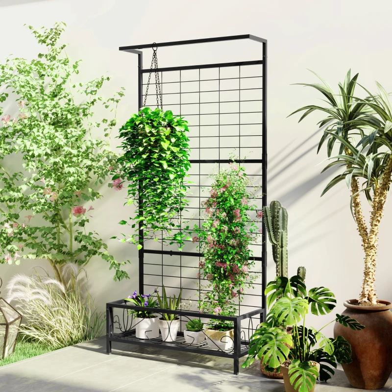 Outsunny Metal Tall Plant Stand with Trellis and Hanging Bar, Plant Holder for Indoor Outdoor Use, 35" x 12.8" x 74", Black