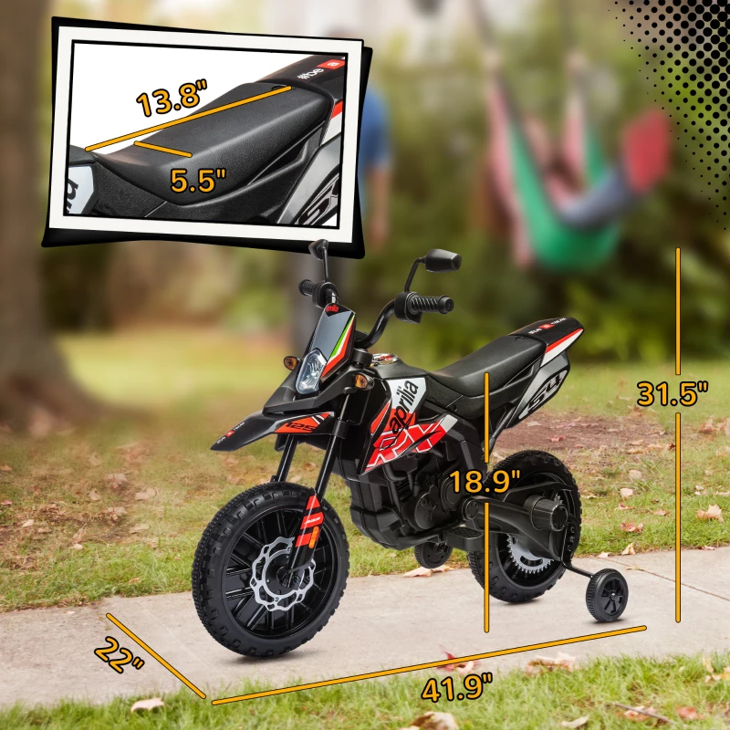 Qaba 12V Aprilia Licenced Kids Motorcycle with Training Wheels, Spring Suspension, LED Light, USB, Music, Red
