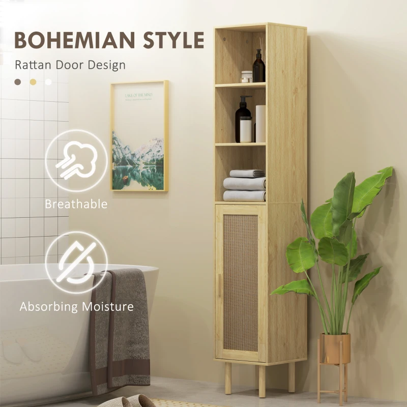 HOMCOM Tall Bathroom Cabinet with Rattan Doors, Freestanding Bathroom Storage Cabinet with Adjustable Shelves, Distressed Oak