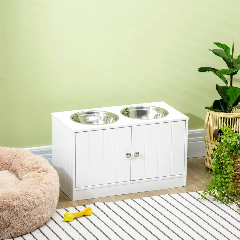 PawHut Large Elevated Dog Bowls with Storage Cabinet Containing Large 44L Capacity, Raised Dog Bowl Stand Pet Food Bowl Pet Feeding Station, White