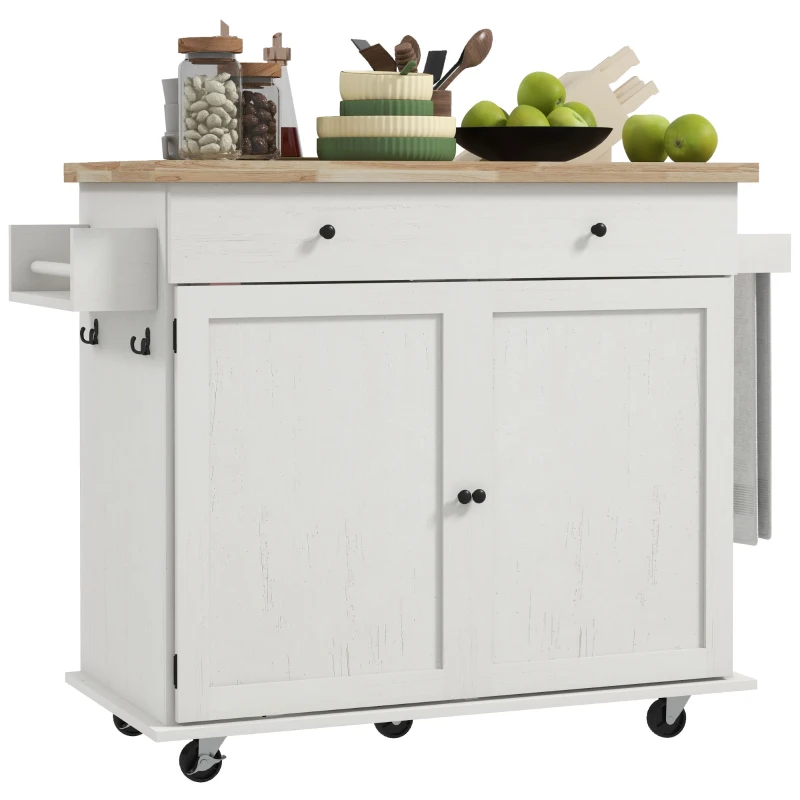 HOMCOM Farmhouse Rolling Island with Wheels for Kitchen, Wood Breakfast Bar Kitchen Island on Rollers, Drawer and Doors, White
