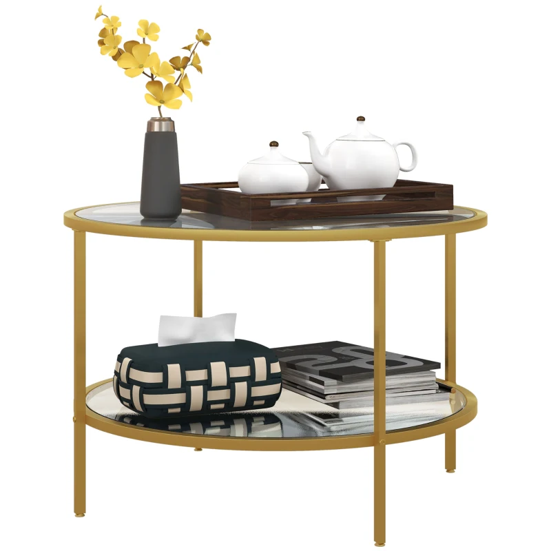 HOMCOM Side Table with Storage, 26" Round End Table, 2-Tier Tempered Glass Coffee Table with Steel Frame for Living Room, Gold