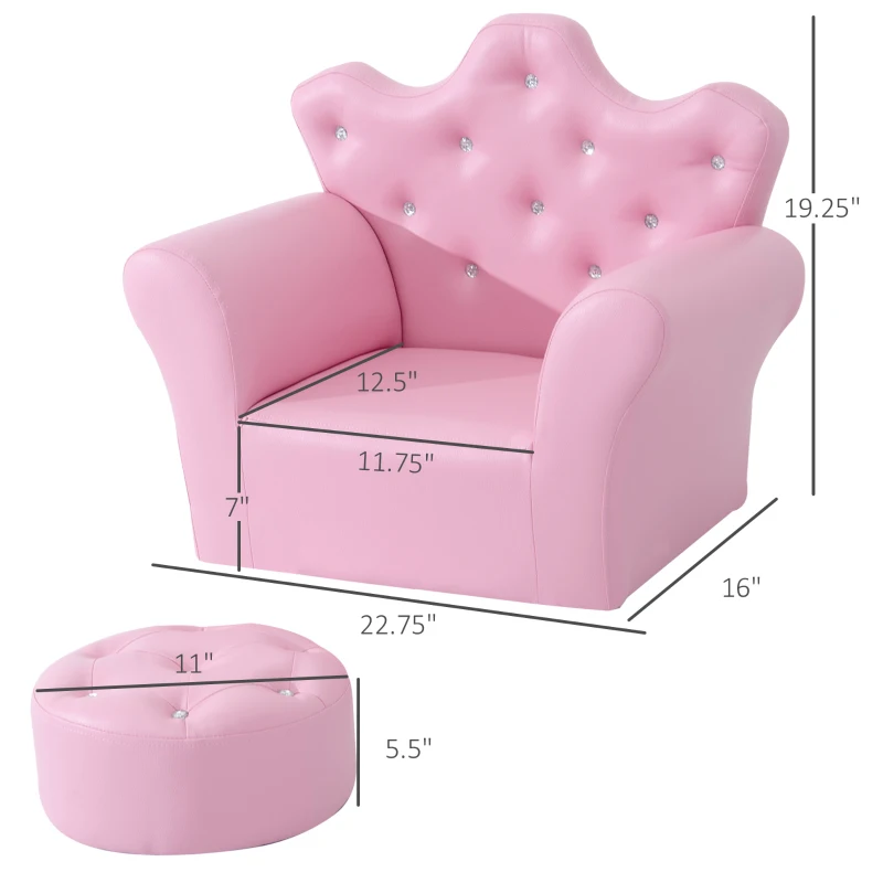 Qaba Kids Sofa Set with Footstool, Princess Sofa with Diamond Decoration