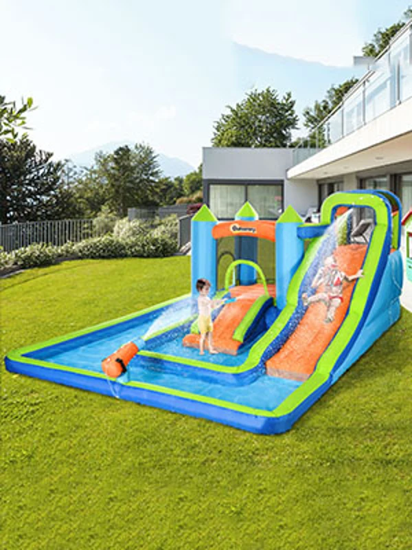 Outsunny Kids Inflatable Water Slide 5-in-1 Bounce House Water Park Jumping Castle with Water Pool, Slide, Climbing Walls, & Water Cannons, 450W Air Blower