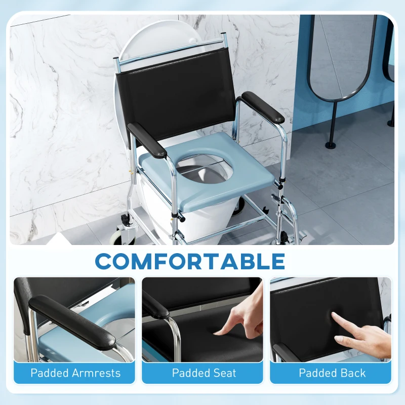HOMCOM Rolling Shower Chair, Bedside Commode Wheelchair with Padded Seat, Backrest, for Seniors, Disabled, 300 lbs, Black