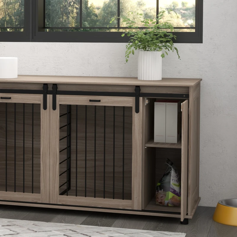 PawHut 71" Modern Dog Kennel Furniture with Removable Divider, Storage for 2 Small Dogs or 1 Large Dog, Walnut