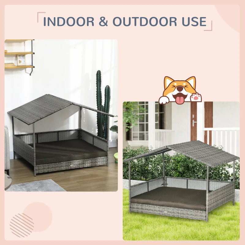 PawHut Outdoor Dog Bed with Canopy, Rattan Dog Bed with Soft Cushion Removable Cover for Medium and Large Dogs, Charcoal Gray