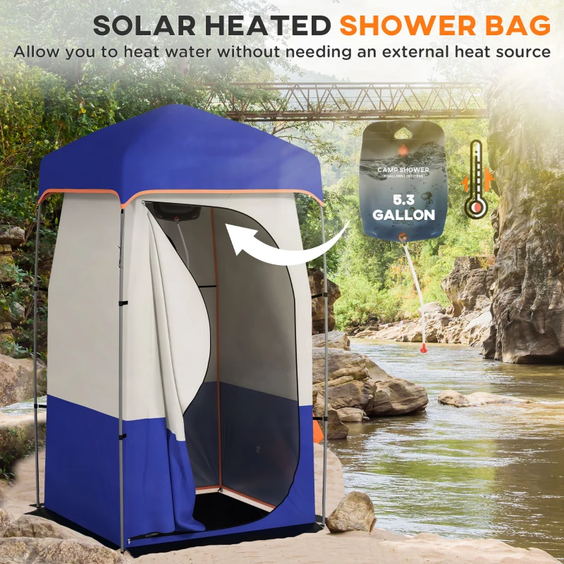 Outsunny Camping Shower Tent, Portable Privacy Shelter with Solar Shower Bag, Removable Floor and Carrying Bag, Blue