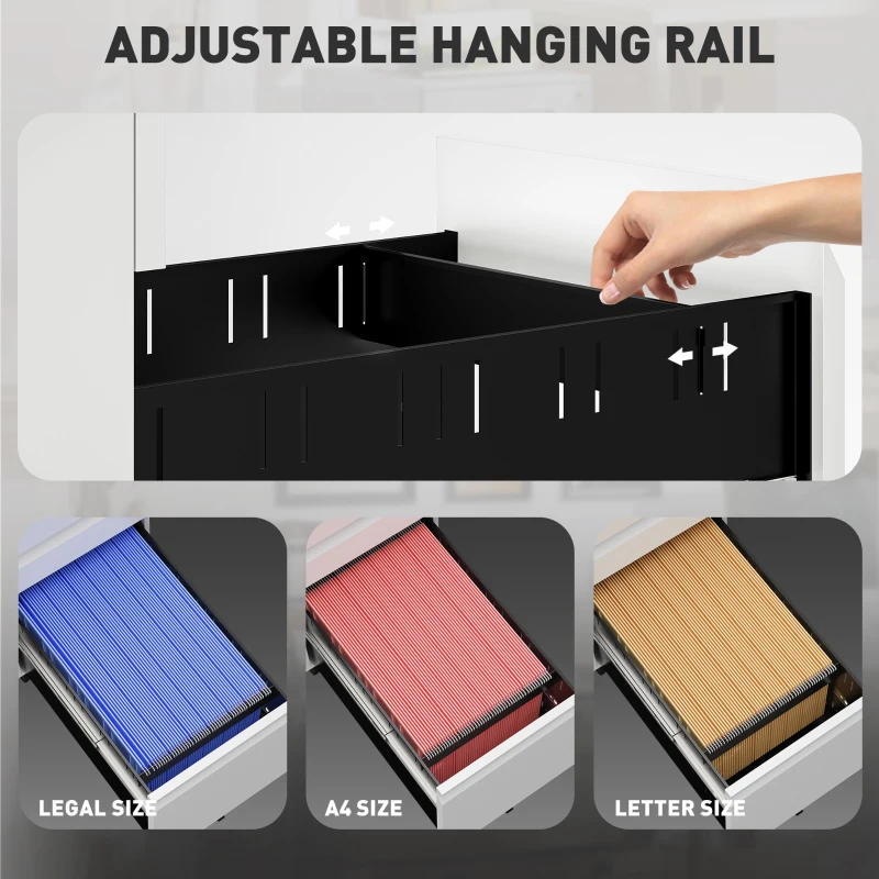 Vinsetto 3 Drawer Filing Cabinet with Lock, Steel Office Storage Cabinet with Hanging Bar for A4, Legal, Letter Files, White