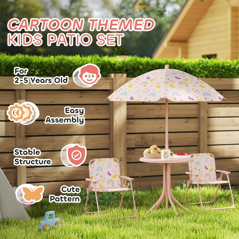 Qaba Kids Picnic Table and Chair Set, Outdoor Activity Table with Foldable Chairs, Removable Umbrella for Backyard, Pink