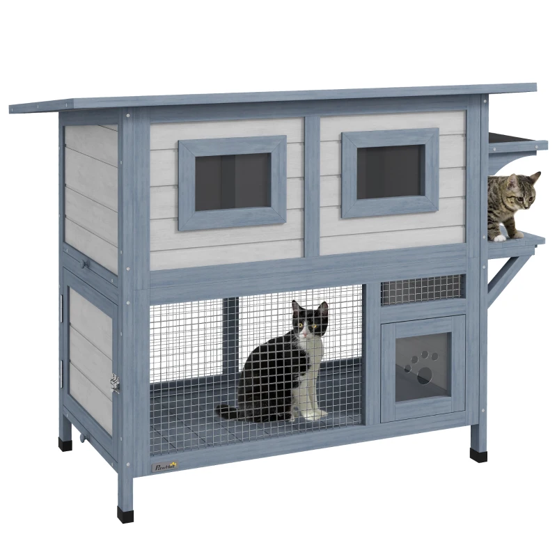 PawHut 2 Tier Outdoor Cat House Weatherproof with Escape Door, Asphalt Roof for Outside, Backyard, Light Gray