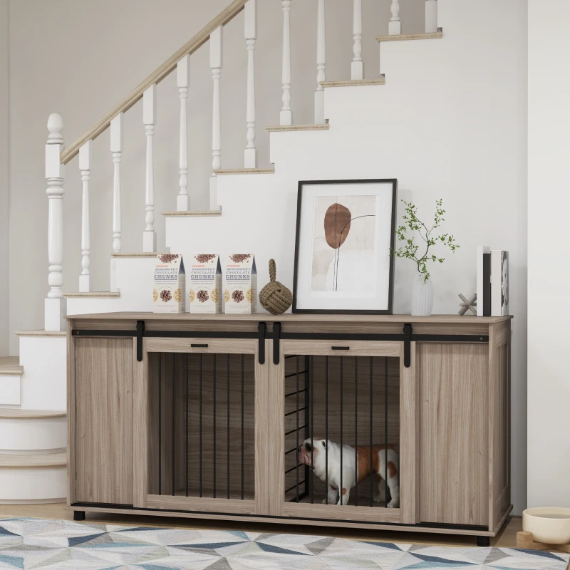 PawHut 71" Modern Dog Kennel Furniture with Removable Divider, Storage for 2 Small Dogs or 1 Large Dog, Walnut