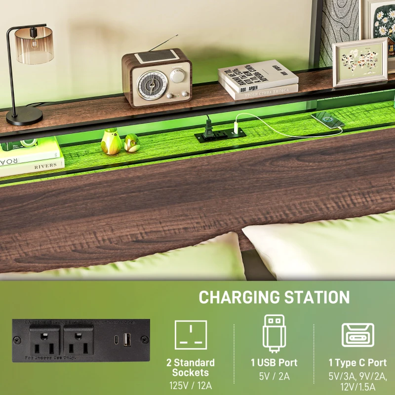 HOMCOM Full Size Bed Frame with LED Lights and Charging Station, Full Bed Frame with Storage Headboard, Noise-Free, Walnut