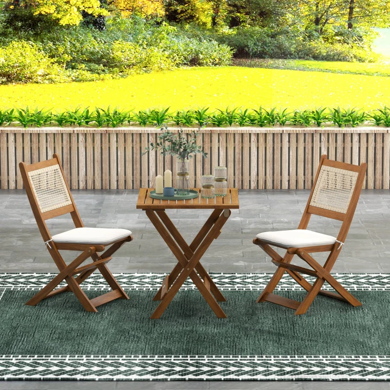 Outsunny Outdoor Bistro Set Foldable 3 Pieces Wicker Patio Furniture Set w/ Cushions, for Porch, Backyard, Garden, Light Teak