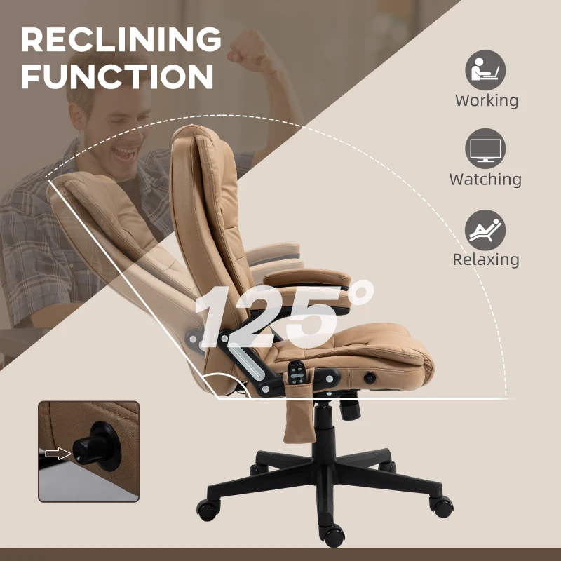 Vinsetto 6 Point Vibrating Massage Office Chair with Heat, Microfiber Massage Desk Chair with Reclining Backrest, Light Brown