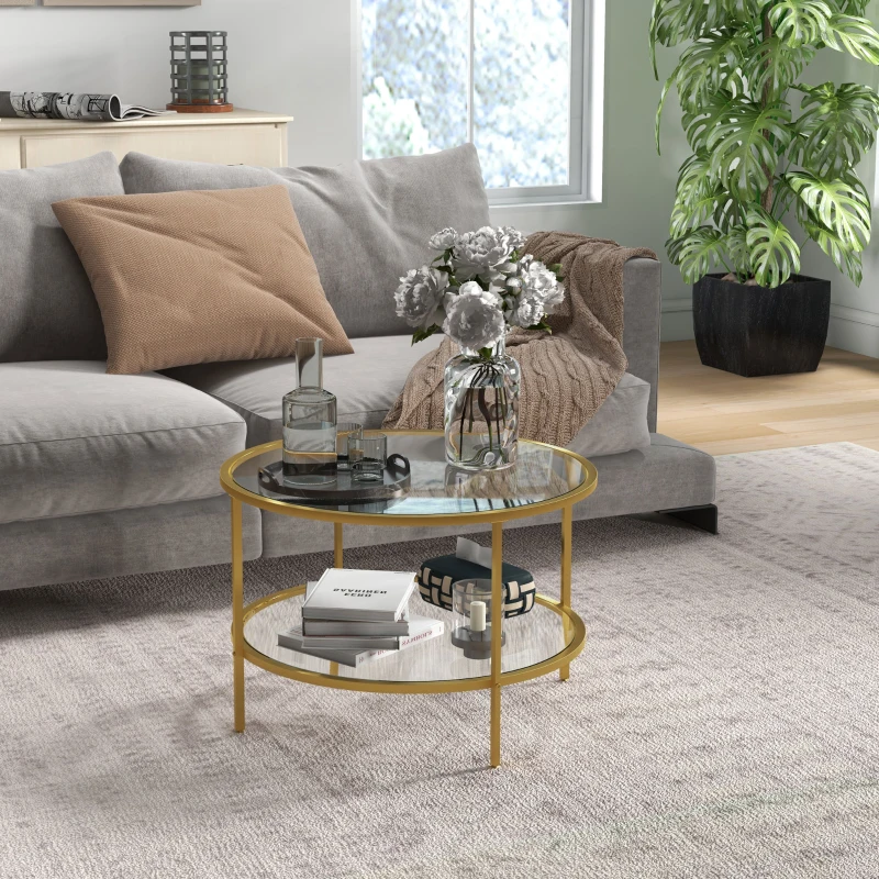 HOMCOM Side Table with Storage, 26" Round End Table, 2-Tier Tempered Glass Coffee Table with Steel Frame for Living Room, Gold