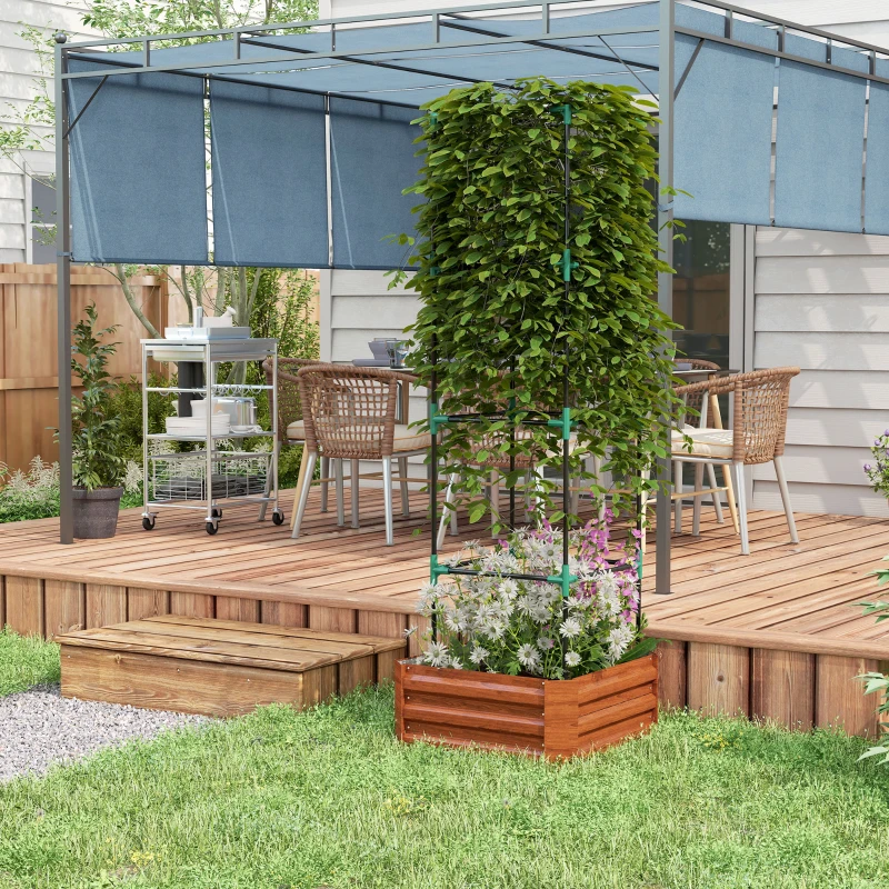 Outsunny Galvanized Planter Box, 24" x 24" x 73.5" Raised Garden Bed with Tomato Cage for Climbing Vines, Brown