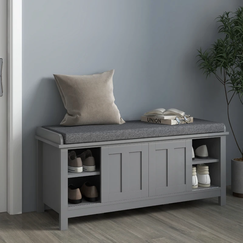 HOMCOM Modern Shoe Storage Bench, Entry Way Bench with Cushion, 2 Sliding Doors, Storage Ottoman Bench, Holds 10 Pairs, Gray