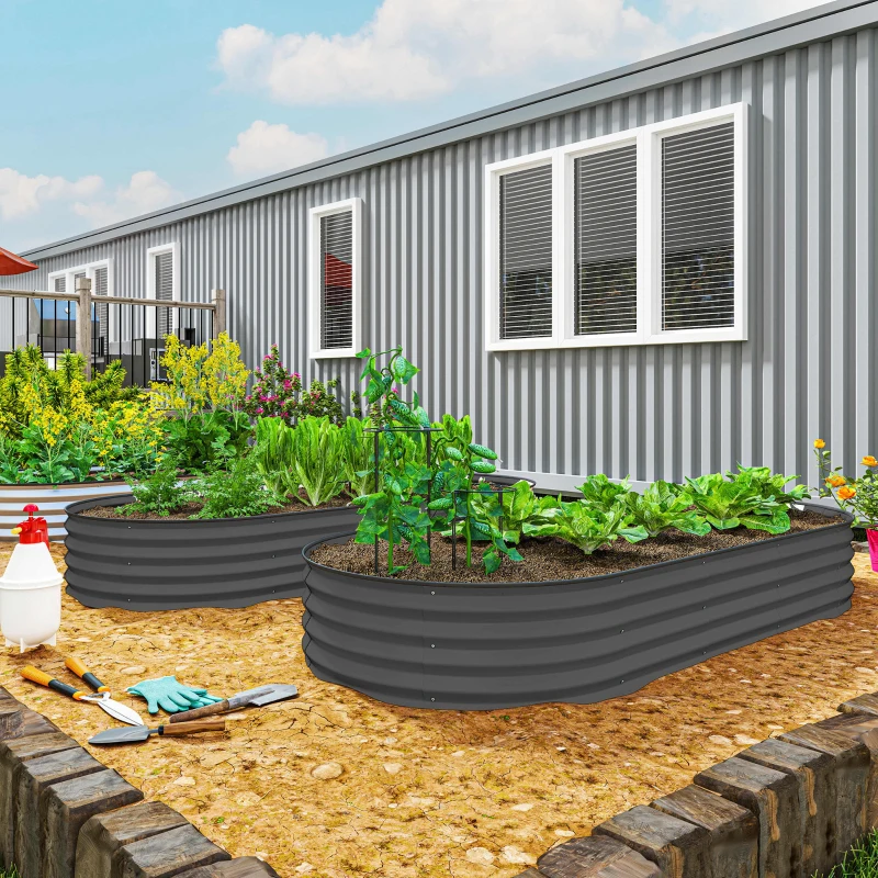Outsunny 7' x 3' x 1' Raised Garden Bed Set, 2PCS Raised Beds for Gardening with Metal Plant Stakes, Dark Gray
