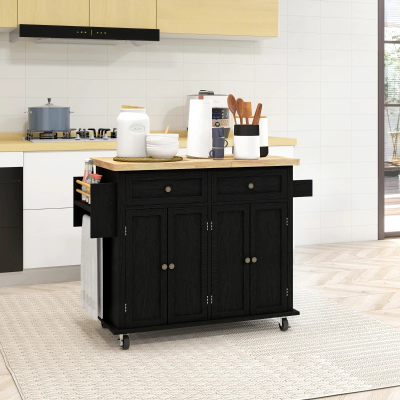HOMCOM Modern Rolling Kitchen Island Cart with Spice Rack, Distressed Black