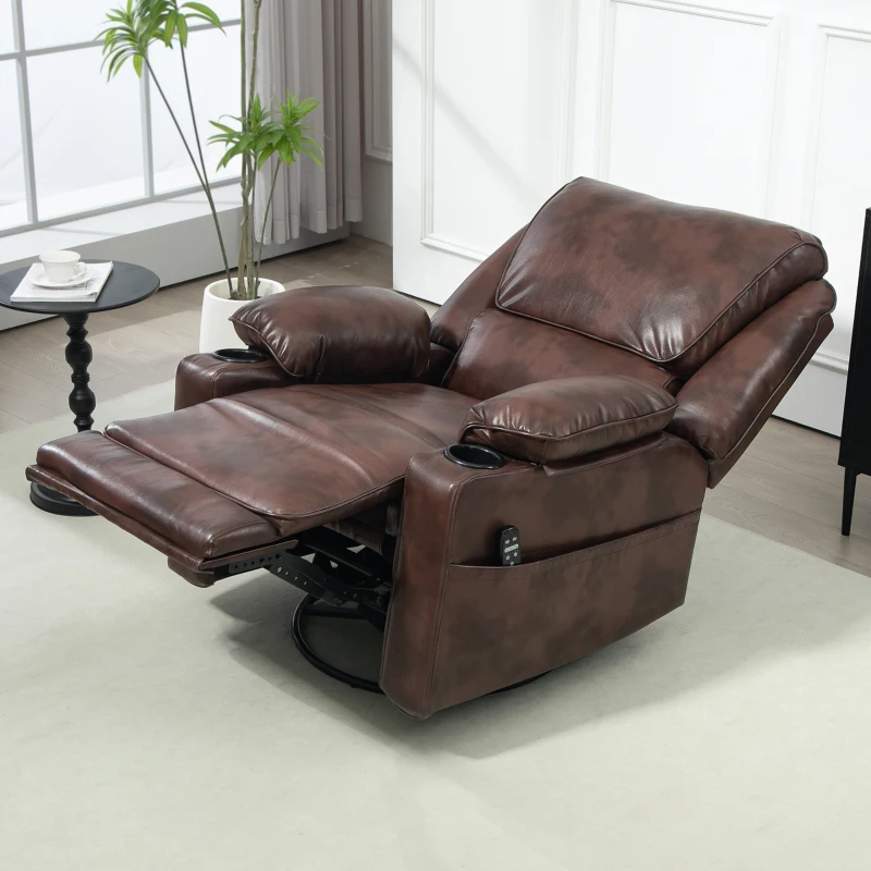 HOMCOM Recliner Massage Armchair with Heat Oversized Swivel Rocker with Footrest Remote and Side Pockets Brown