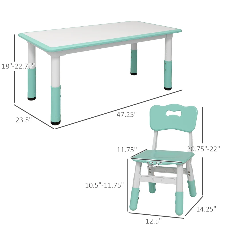 Qaba 5 Pieces Kids Table and Chairs, Height Adjustable Toddler Table and Chair Set with Storage, Easy to Wipe, Rectangular Table 4 Chairs for Classroom, for Daycare Classroom, 18 Months-5 Years, Green