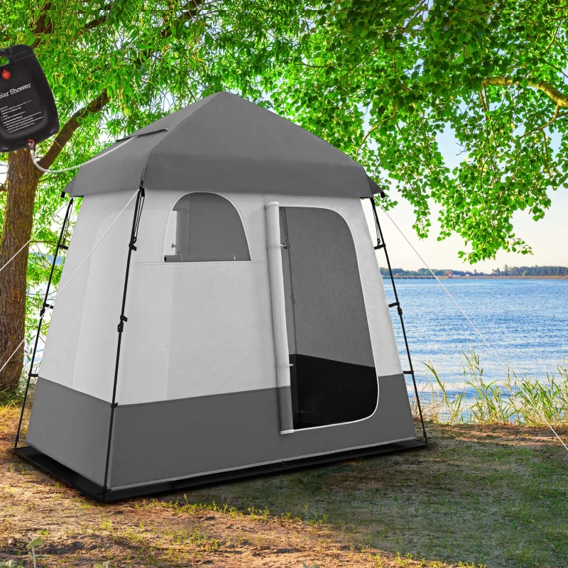 Outsunny Two Room Pop Up Shower Tent with Shower Bag, Floor and Carry Bag, Dark Gray