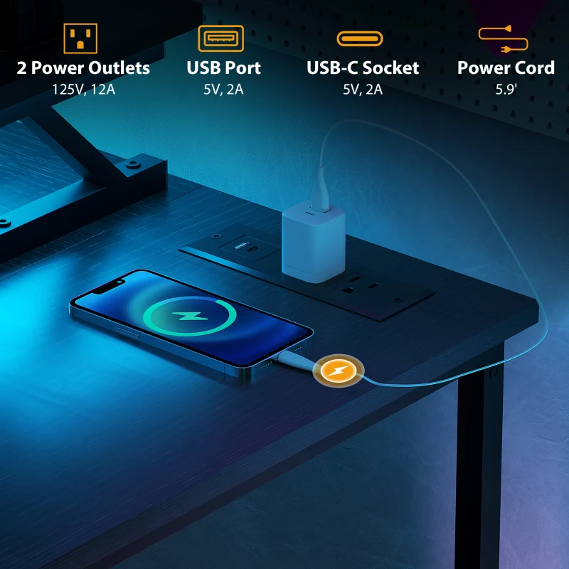 HOMCOM 58" Reversible L Shaped Computer Desk, Corner Desk with Monitor Stand, Power Outlets and LED Lights, Black