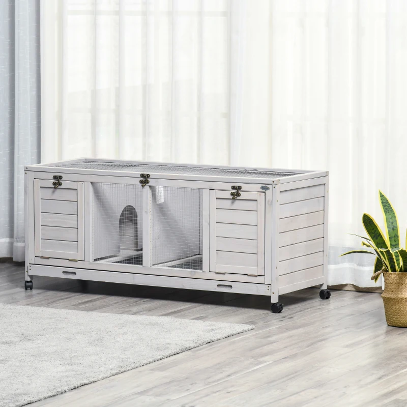 PawHut Wooden Rabbit Hutch with Wheels, Dividers for Indoor Use, Light Gray
