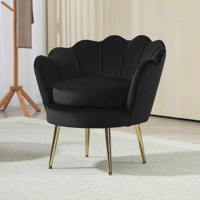 HOMCOM Modern Accent Chair, Velvet-Touch Fabric Leisure Club Chair with Gold Metal Legs for Bedroom, Black