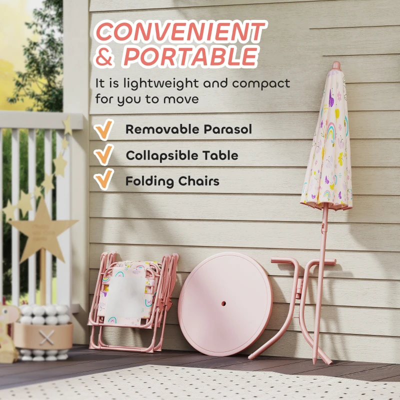 Qaba Kids Picnic Table and Chair Set, Outdoor Activity Table with Foldable Chairs, Removable Umbrella for Backyard, Pink