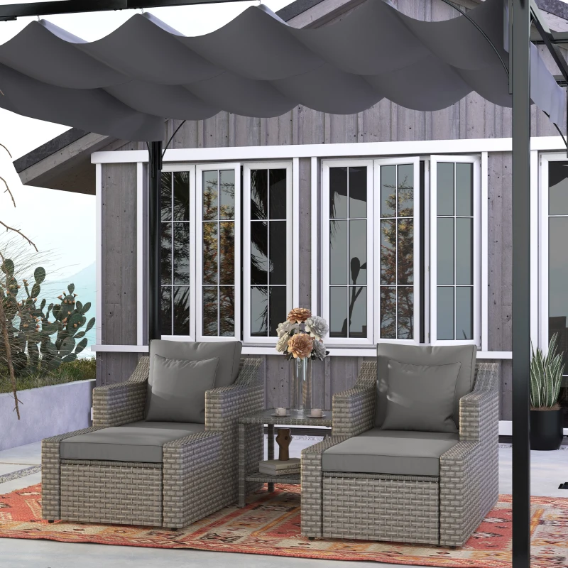 Outsunny 5pc Patio Furniture Set, All Weather PE Rattan Conversation Chair and Ottoman Set w/ Table, Cushion Pillows, Gray