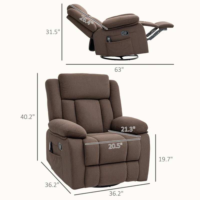 HOMCOM Recliner Massage Armchair with Heat, Oversized Swivel Rocker with Footrest, Remote and Side Pockets, Brown