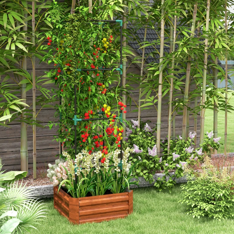 Outsunny Galvanized Planter Box, 24" x 24" x 73.5" Raised Garden Bed with Tomato Cage for Climbing Vines, Brown