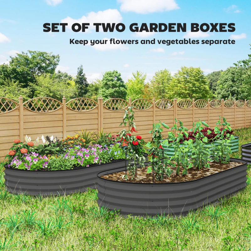 Outsunny 7' x 3' x 1' Raised Garden Bed Set, 2PCS Raised Beds for Gardening with Metal Plant Stakes, Dark Gray