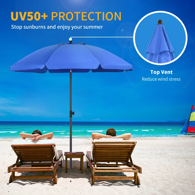 Outsunny 6ft Beach Umbrella, Outdoor Sun Shade Parasol with Push Button Tilt, Ruffled  UV50+ Vented Canopy, Blue