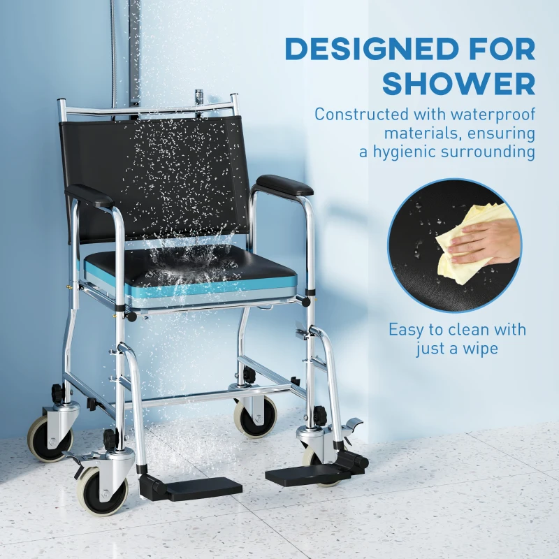 HOMCOM Rolling Shower Chair, Bedside Commode Wheelchair with Padded Seat, Backrest, for Seniors, Disabled, 300 lbs, Black