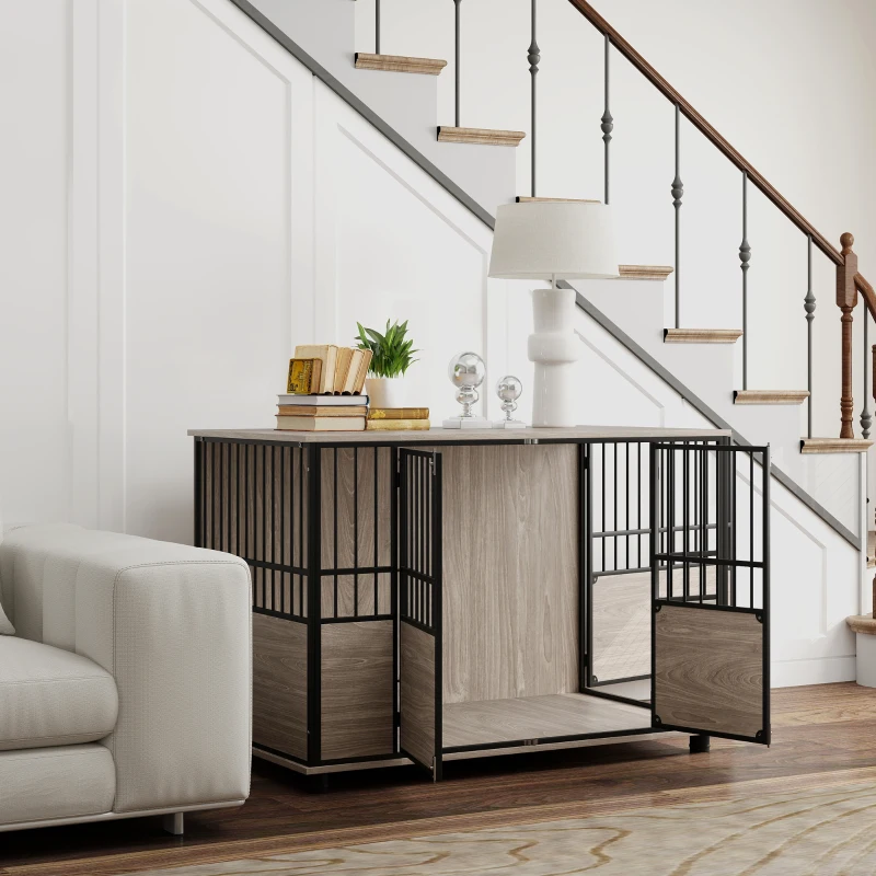 PawHut Decorative Dog Kennel Indoor End Table, 46" Dog Crate Furniture w/ Double Doors for Small to Large Dogs up to 88 lbs.