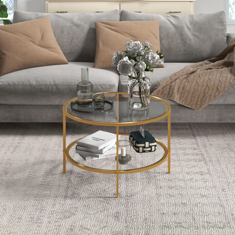 HOMCOM Side Table with Storage, 26" Round End Table, 2-Tier Tempered Glass Coffee Table with Steel Frame for Living Room, Gold