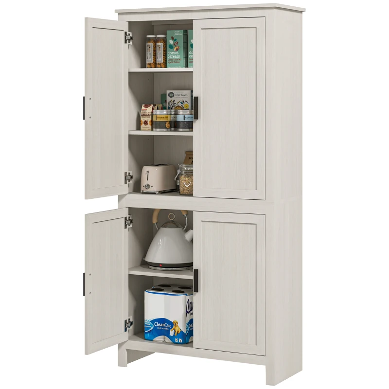 HOMCOM 64" Kitchen Pantry Cabinet, Freestanding Storage Cabinet with 4 Doors, 3 Adjustable Shelves, Antique White