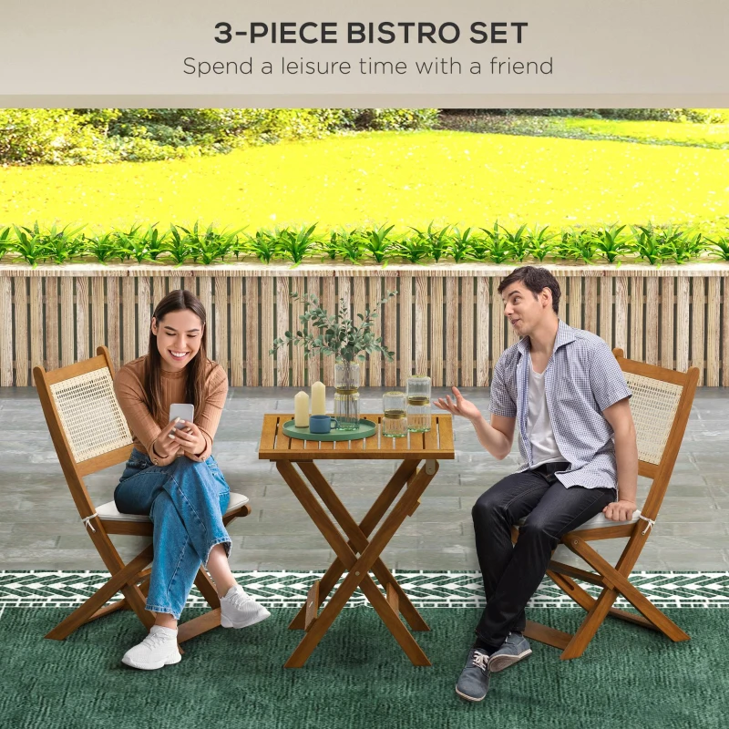 Outsunny Outdoor Bistro Set Foldable 3 Pieces Wicker Patio Furniture Set w/ Cushions, for Porch, Backyard, Garden, Light Teak