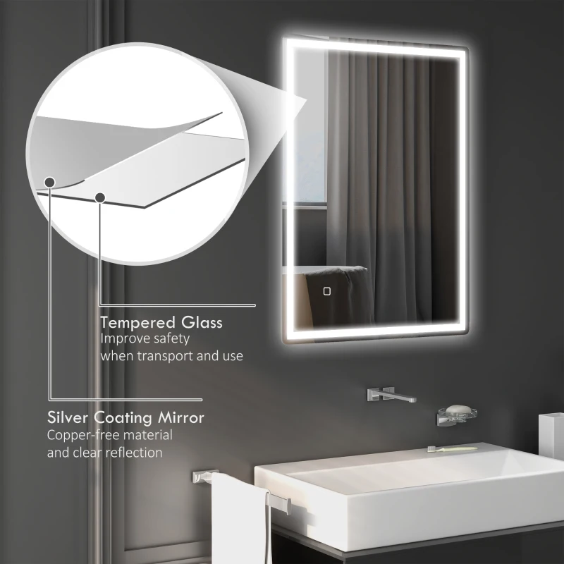HOMCOM 32" x 24" Bathroom Mirror with LED Lights, Dimmable Makeup Mirror, Vanity Mirror with 3 Colors, Smart Touch, Anti-Fog