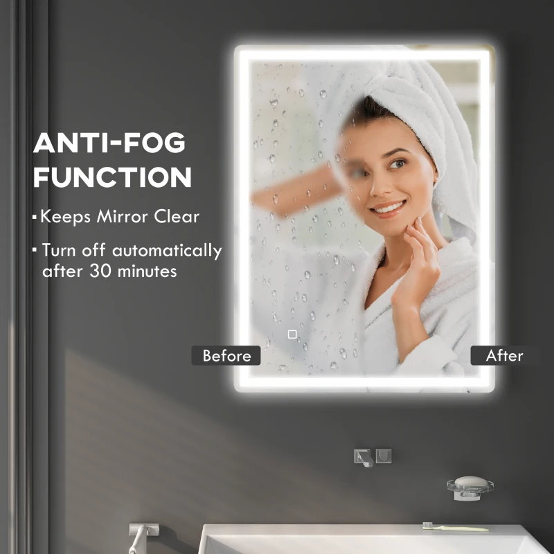 HOMCOM 32" x 24" Bathroom Mirror with LED Lights, Dimmable Makeup Mirror, Vanity Mirror with 3 Colors, Smart Touch, Anti-Fog