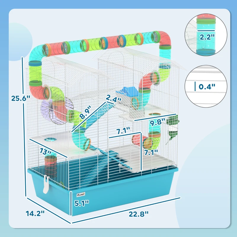 PawHut 4-Tier Hamster Cage with Tubes, Exercise Wheel, Hut, Water Bottle, Food Dish, Ramps, 22.8" x 14.2" x 25.6", Light Blue